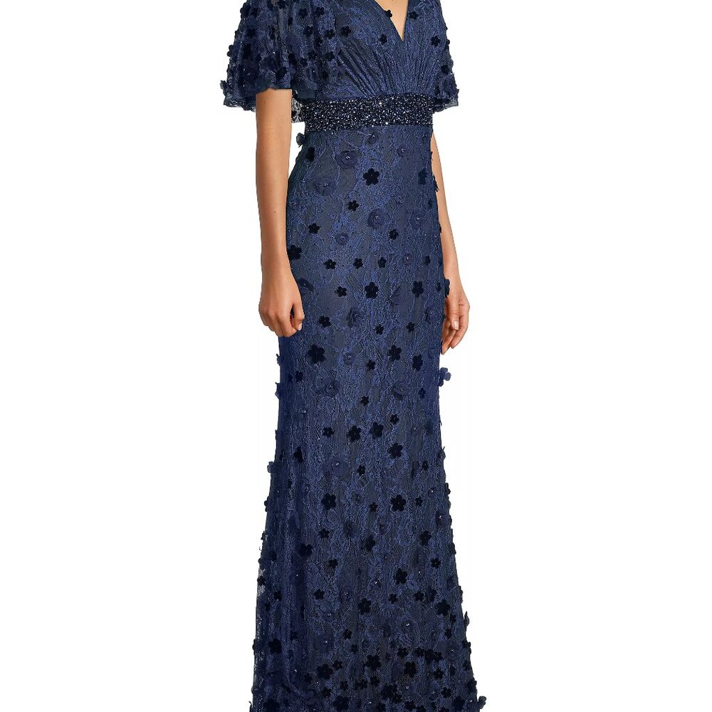 Nwt Floral Embellished V-Neck Gown - Midnight Blue Sz18 Orig $698